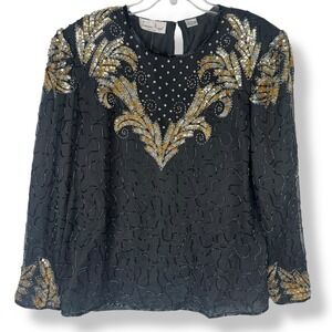 Laurence Kazar Silk Beaded Top Womens Size‎ 2X Black Gold Glam Vintage Deadstock
